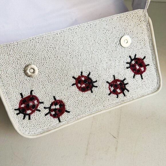 Beaded Lady Bug Lucky White Red Large Baguette Bag - Picture 11 of 14